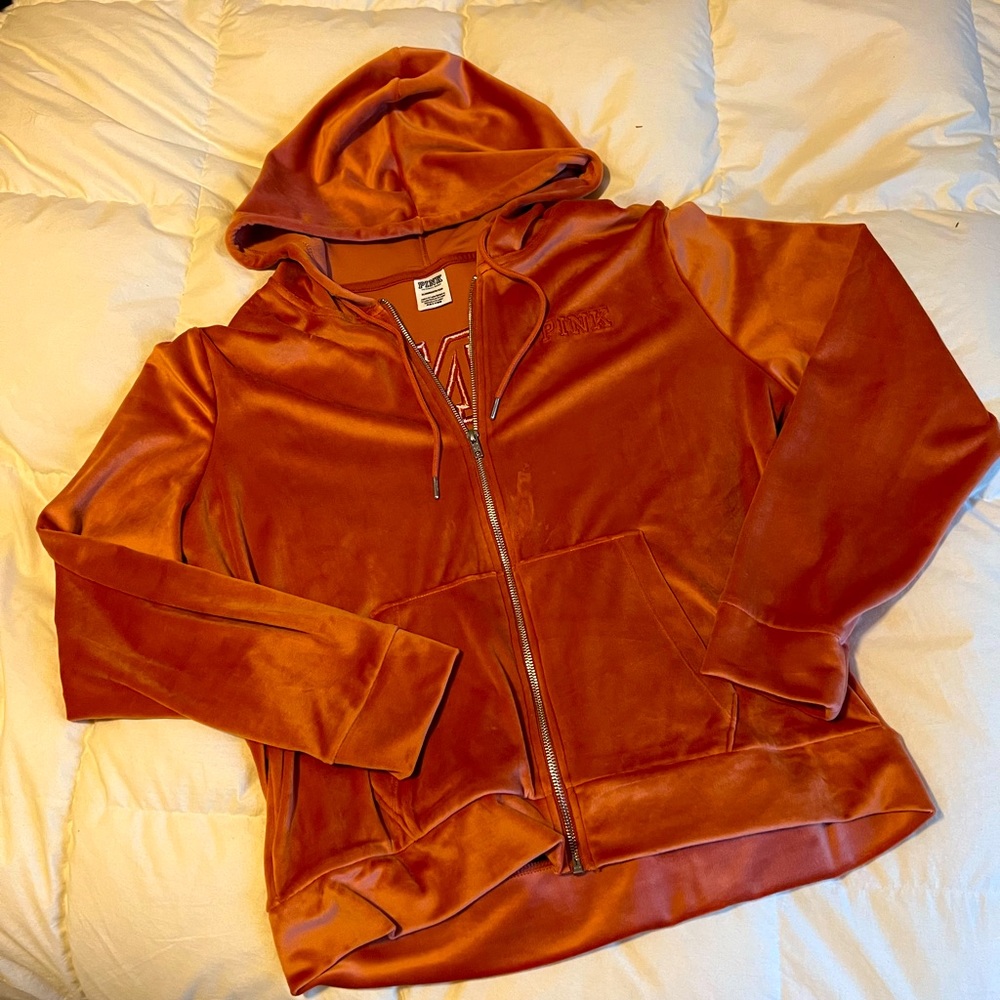 Orange Pink Velour Zip Up Hoodie XL